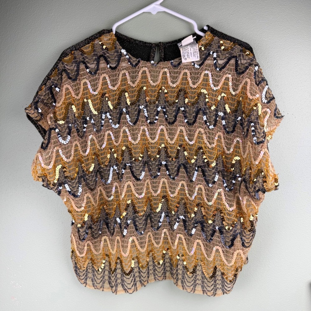 Pearlette Plus Vintage Sequin Chevron Top Gold Black‎ Metallic Blouse Size 40